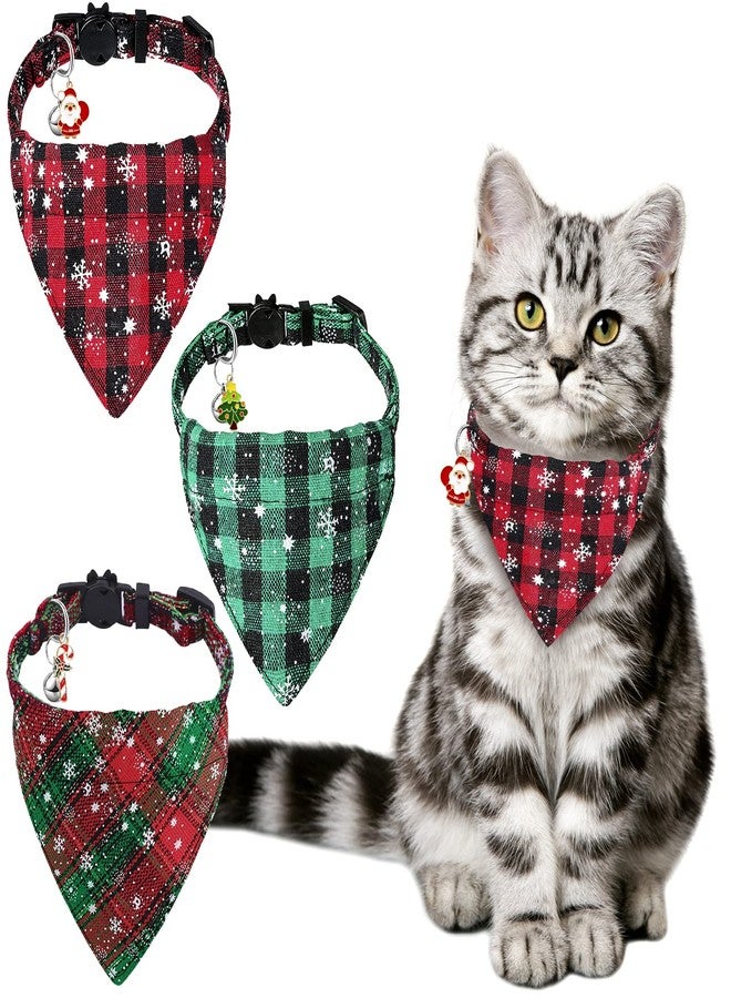 YUJUN 3Pack Christmas Cat Bandana Collars Breakaways with Bell Christmas Adjustable Plaid Snowflake Collar Buckle Safety for Puppy Kittens - Image 1